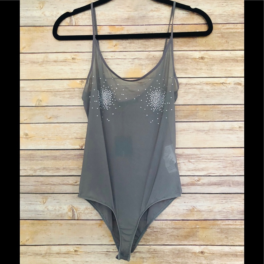 NWT Zara Gray Beaded Sheer Bodysuit